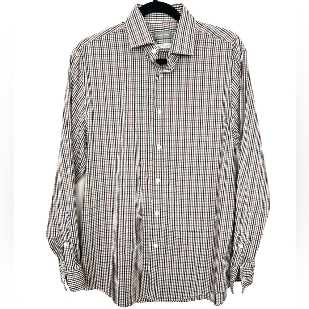 Michael Kors Slim Fit Button Down Shirt Brown Travel Stretch 16‎ 32/33 Large - Picture 1 of 5